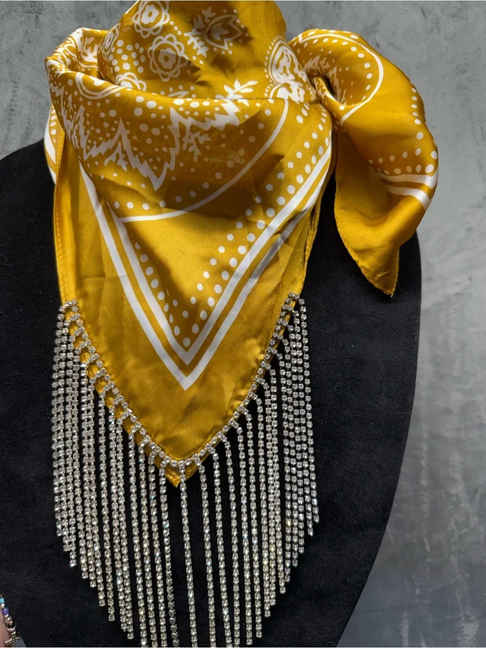 Rockstar Boho Gold Yellow Bandana Scarf Necklace w/ Rhinestone Fringe Cowgirl